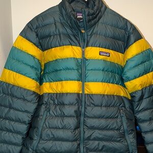 Patagonia Jacket with Yellow and Teal Stripes